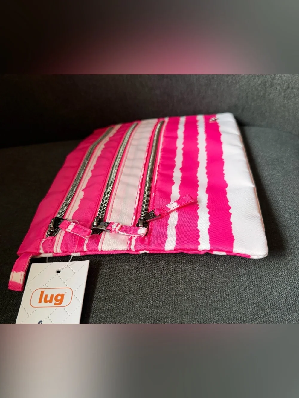 Lug Kickline Triple Zip Storage Pouch Cosmetic Bag Magenta Stripe Hot Neon Pink